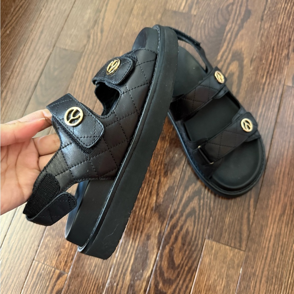 Black Quilted Sandals with Gold Accents